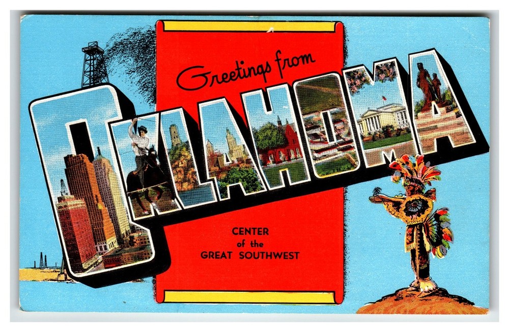 Vintage Greetings From Oklahoma Large Letter Linen Postcard by E.C. Kropp Co.