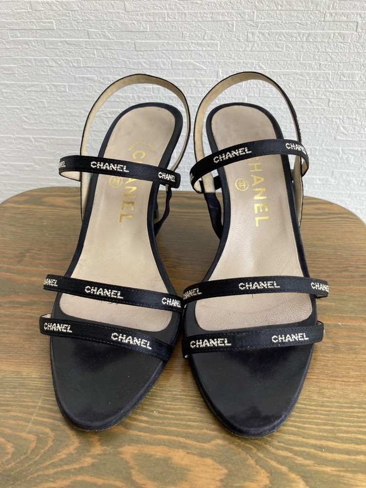 CHANEL Black Leather High Heel Sandals Open Toe US6 Authentic Japan RIN