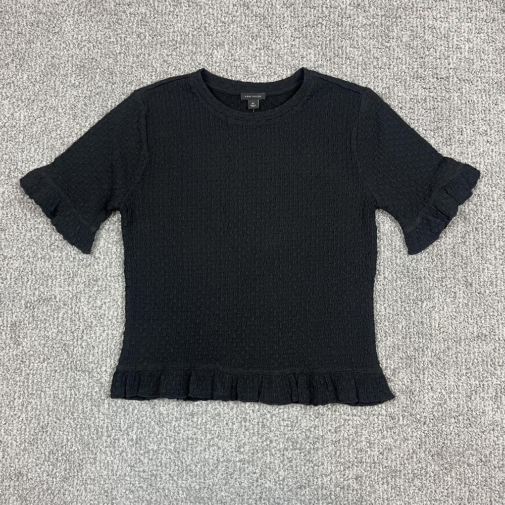 Ann Taylor Top Womens Petite Medium Black Ruffle Textured Whimsigoth Capsule
