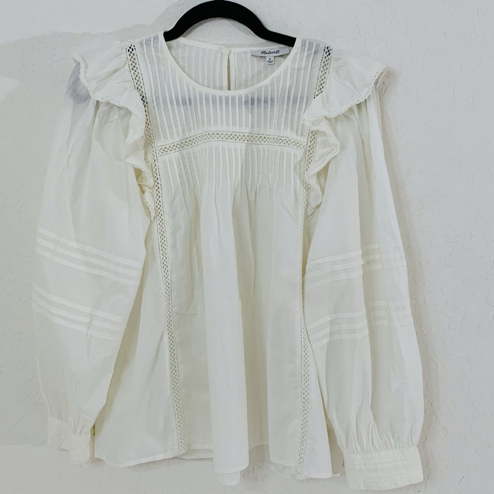 Madewell Ivory Pintuck Ruffle Top Boho Cottagecore Preppy Peasant Style