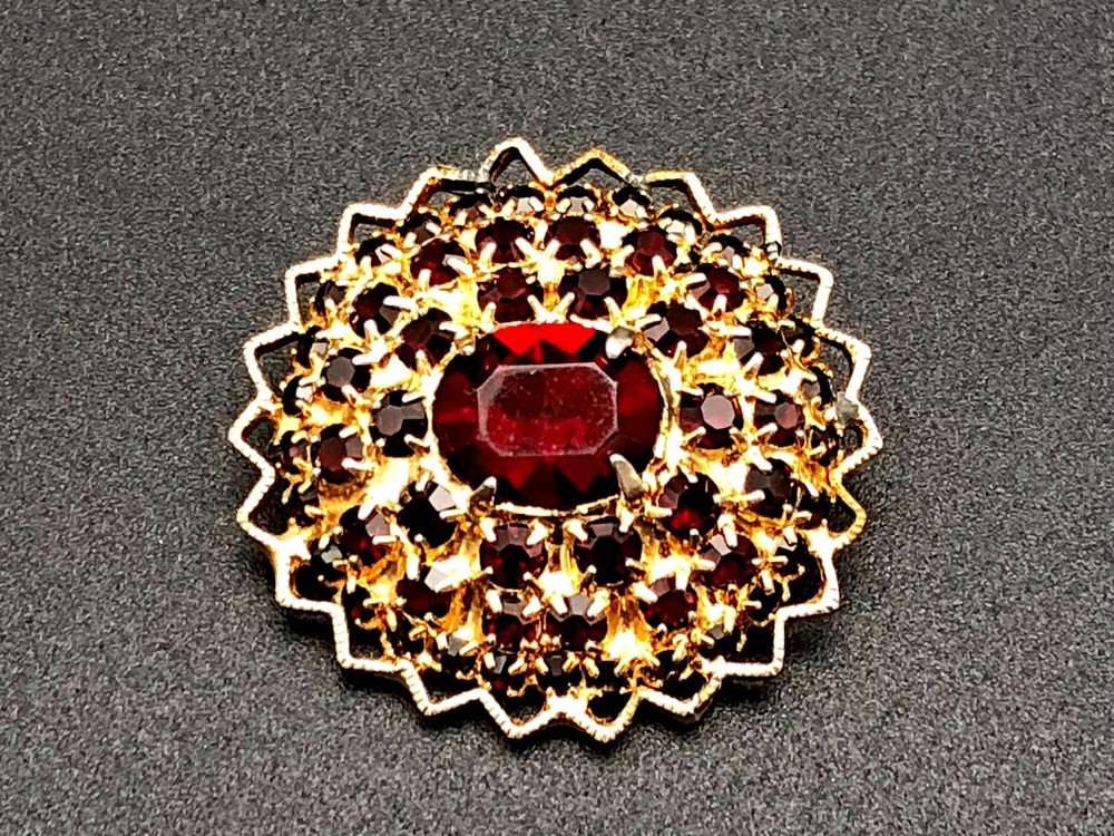 Brooch Pin Jablonex Garnet Glass Vintage Round Red Burgundy Rhinestone 70s Czech