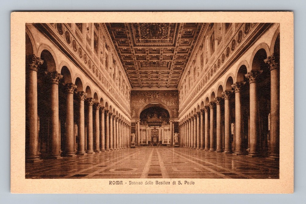 Italy- Rome Interior Of The Basilica Of St. Paul Souvenir Old Vintage Postcard