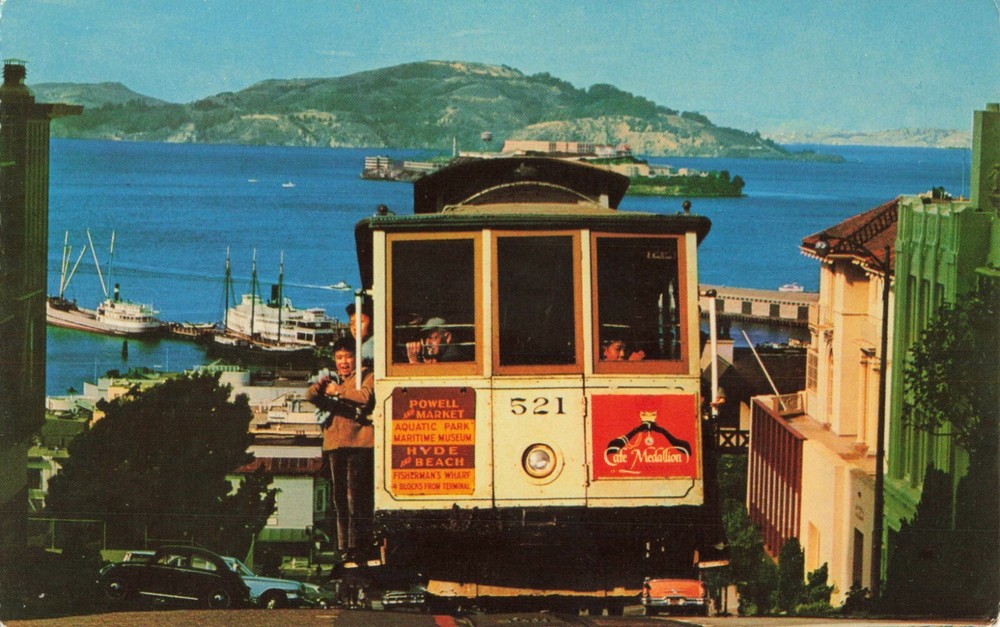 Cable Car on San Francisco Hill w/ Alcatraz in background California CA Postcard