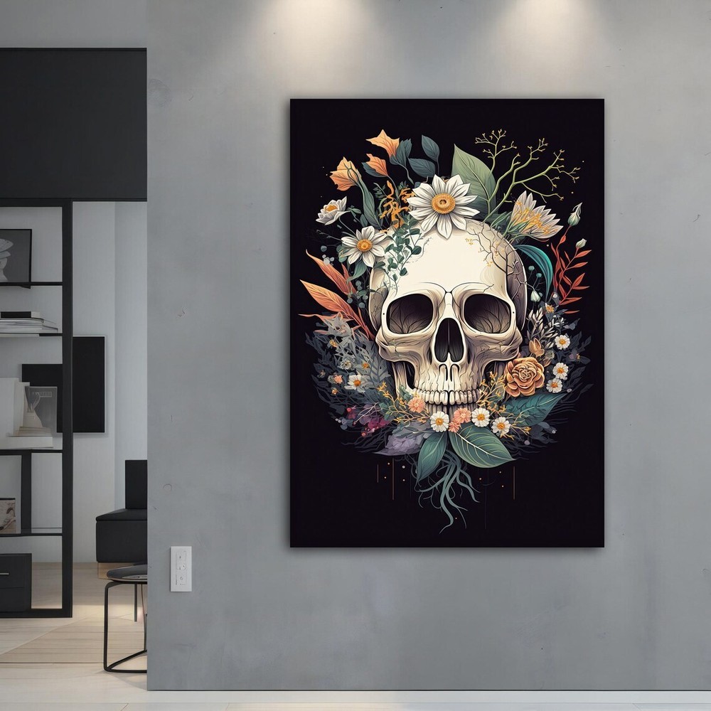 Skull Modern Floral Design Art Black Unframed Canvas Print Australian Wall Art