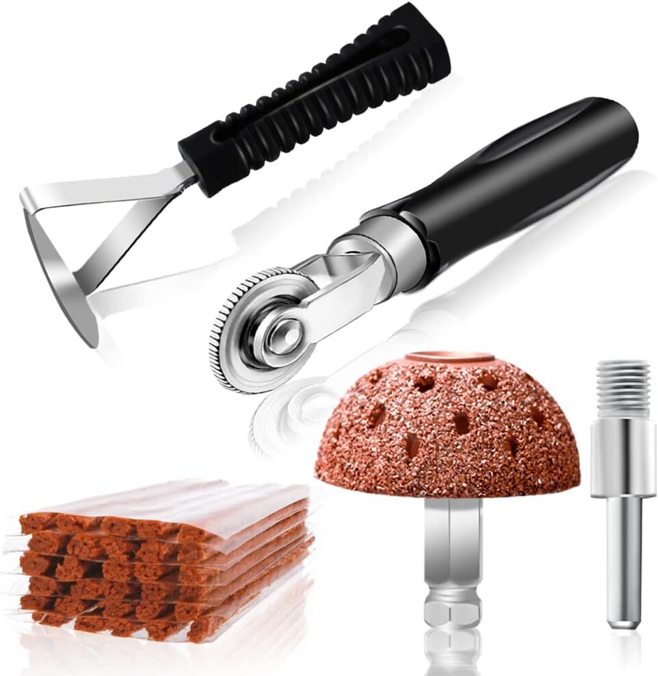 Heavy Duty Tire Repair Kit with Patches Plugs Roller Scraper & Grinding Tool