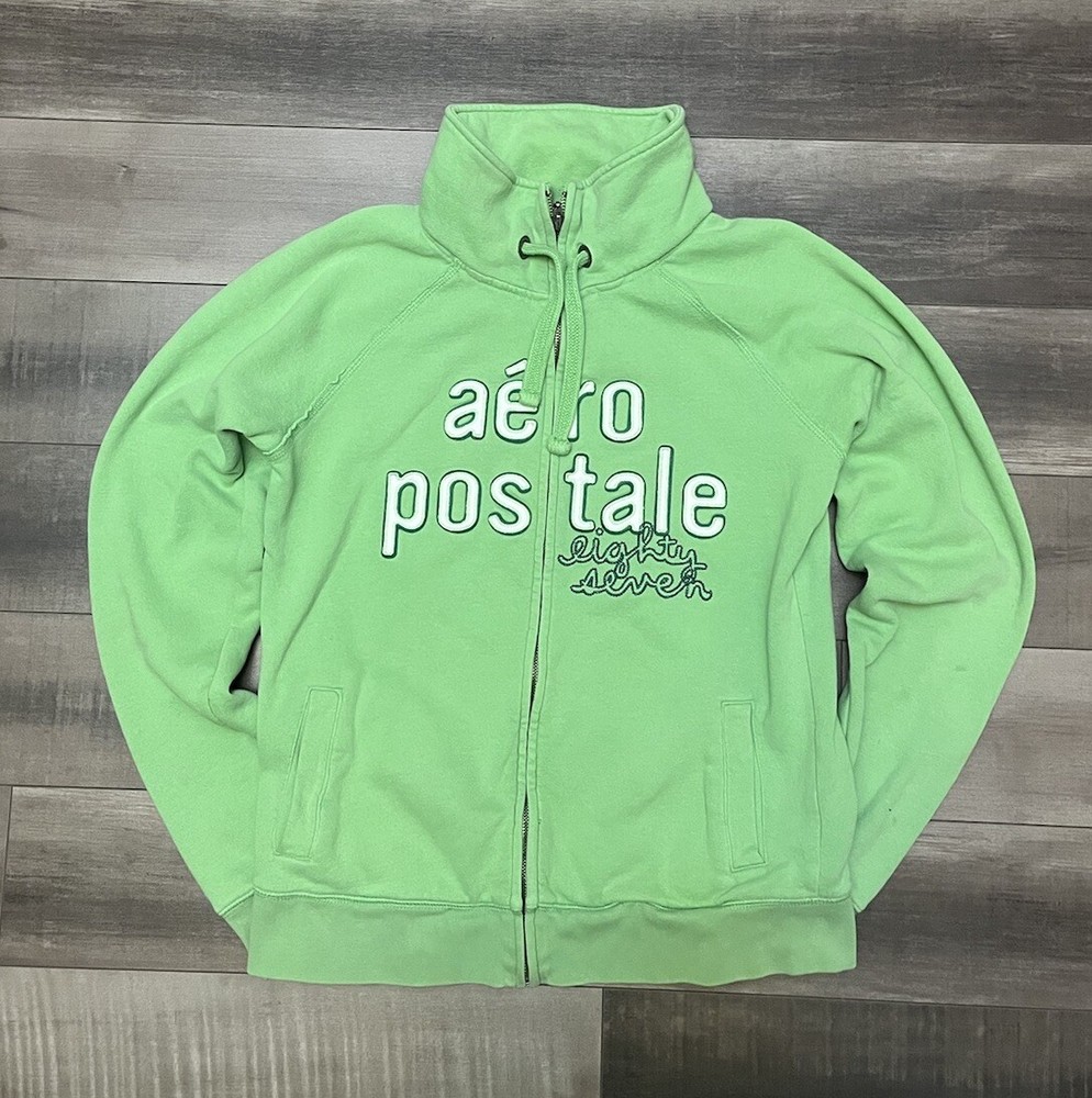 Aeropostale Full Zip Hoodie Womens Medium Sweater Aero 87 Logo Green High Neck