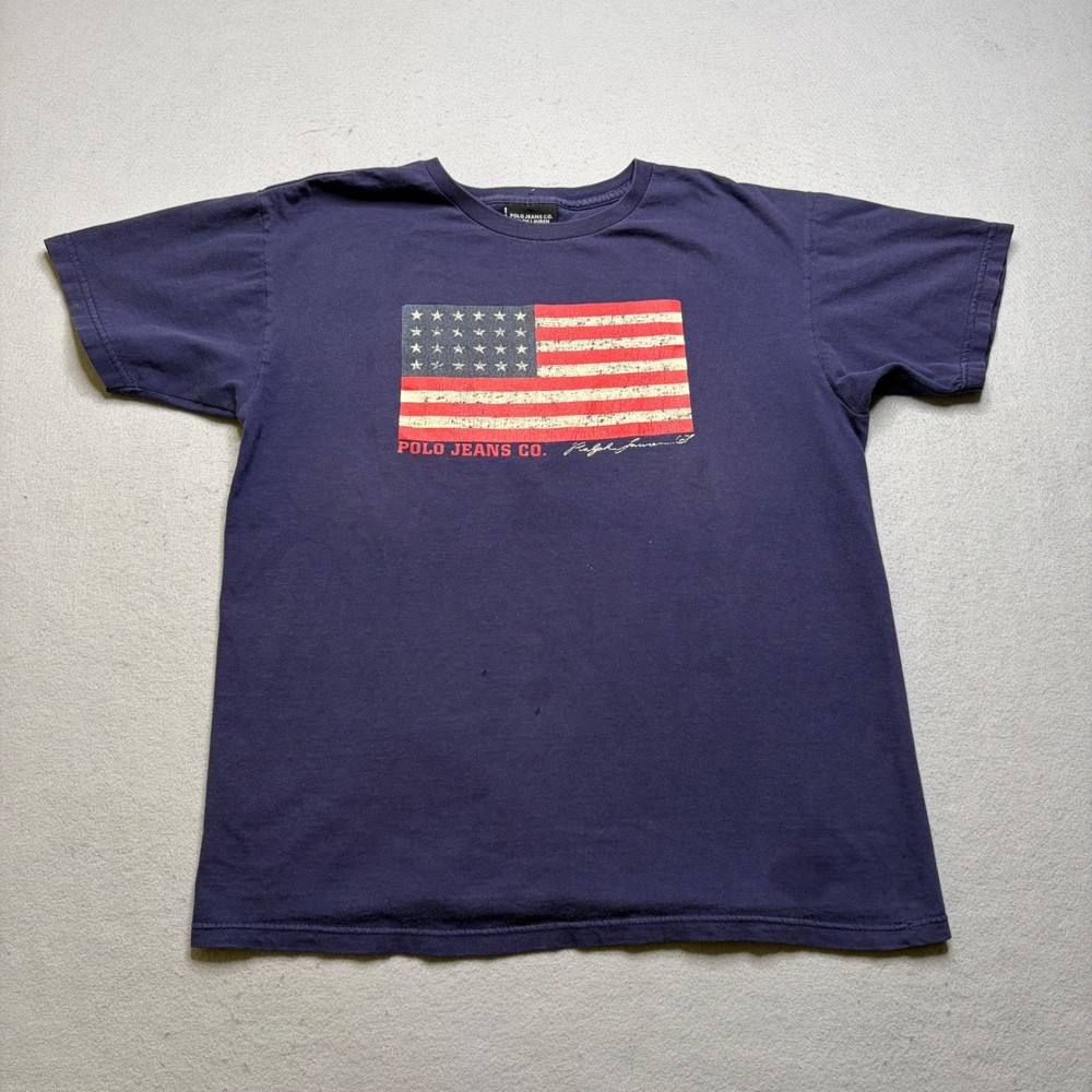 Polo Jeans Co Ralph Lauren T-Shirt Mens S Blue American Flag Vintage Made in USA