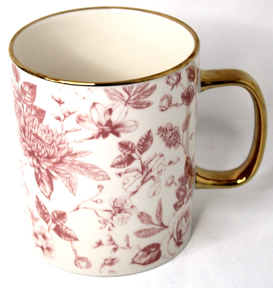 Medici Pink Floral Coffee Mug Gold Handle Cottagecore Elegant Ceramic Tea Cup