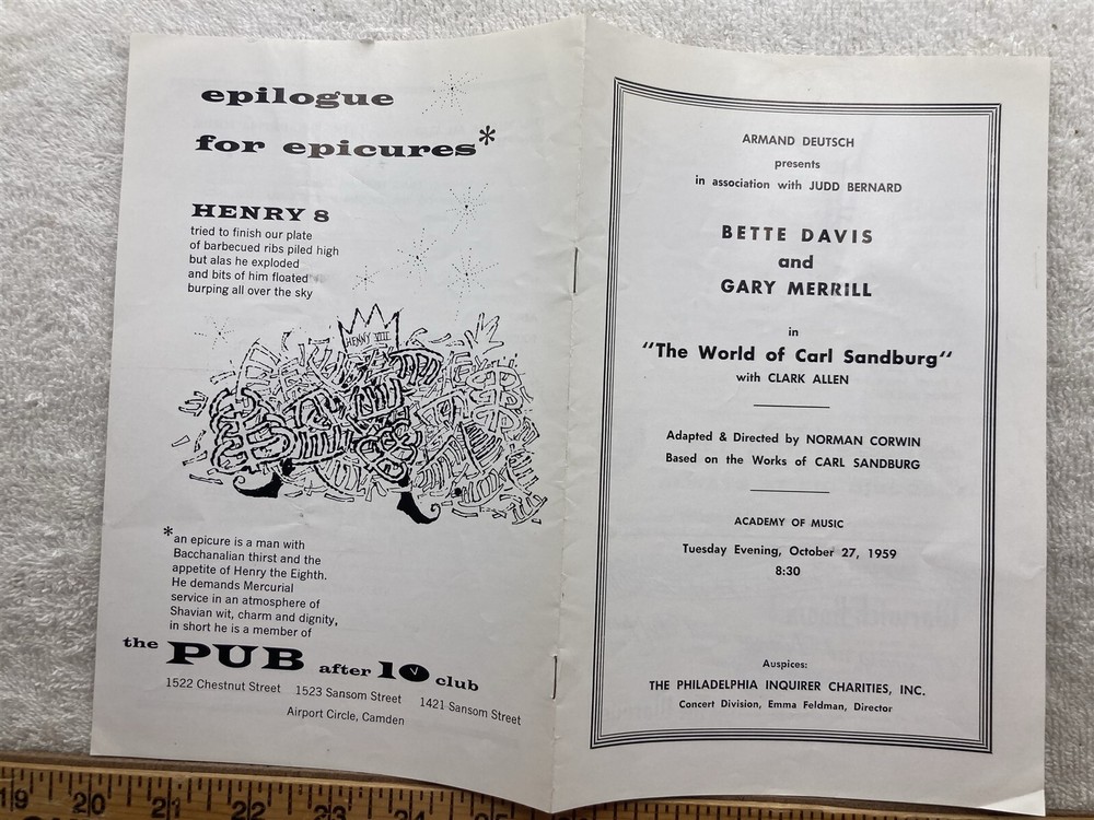 1959 Bette Davis Gary Merrill World of Carl Sandburg Academy Music Philadelphia
