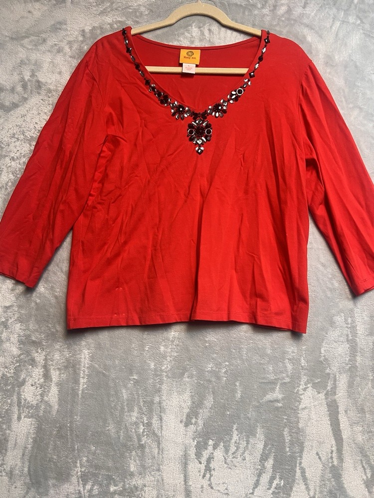 Ruby Rd Red 3/4 Sleeve Top With Bejeweled Neckline Size L