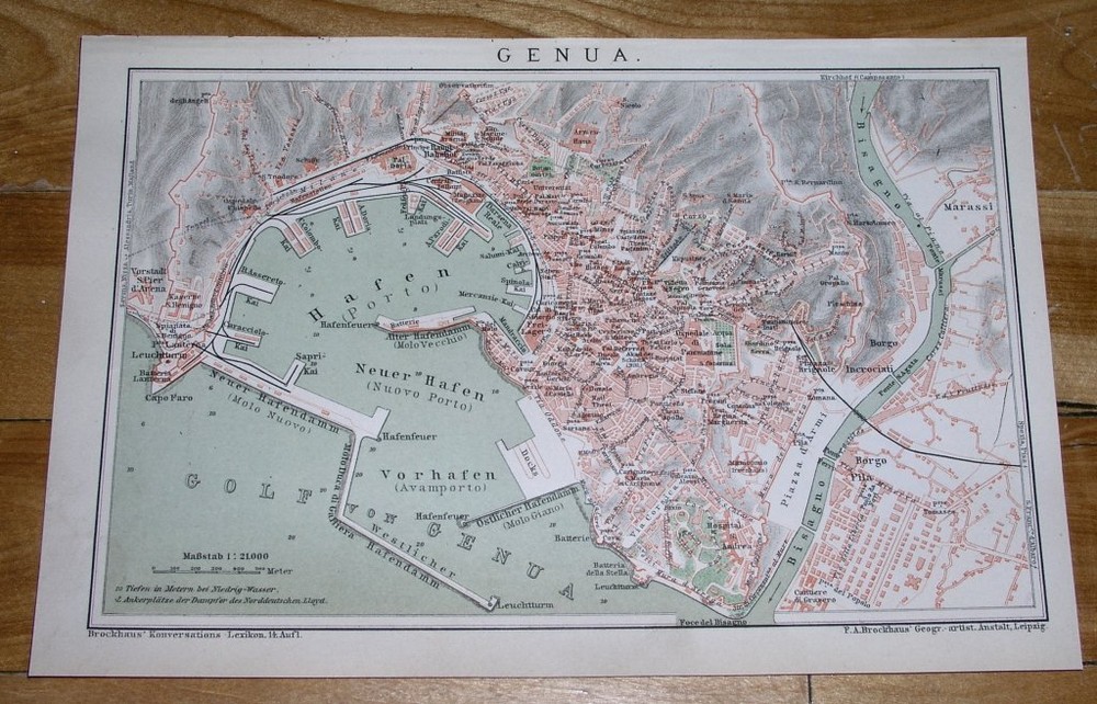 1900 Original Antique City Map Of Genoa / Genova / Liguria Italy