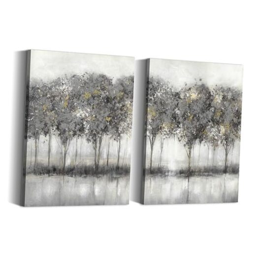 Gray Tree Canvas Wall Art: Rustic Grey Abstract Forest Painting Modern 11
