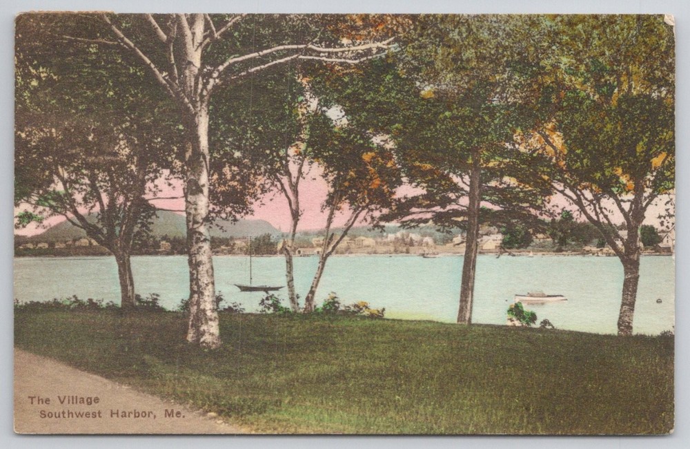 SW Harbor Maine The Village Hand-Colored Postcard 1915 Postmark Albertype