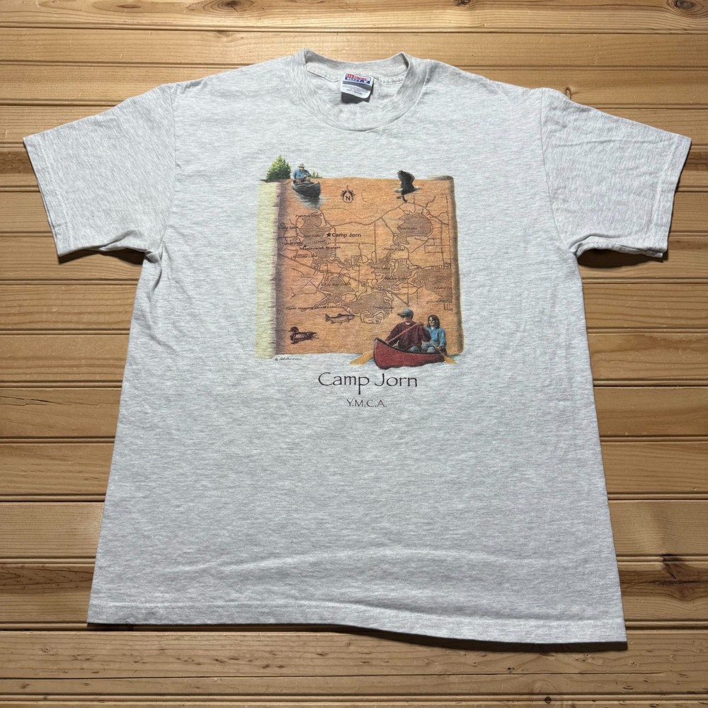 Vintage 90s Camp Jorn YMCA Manitowish Waters Wisconsin Map Shirt USA Made Large