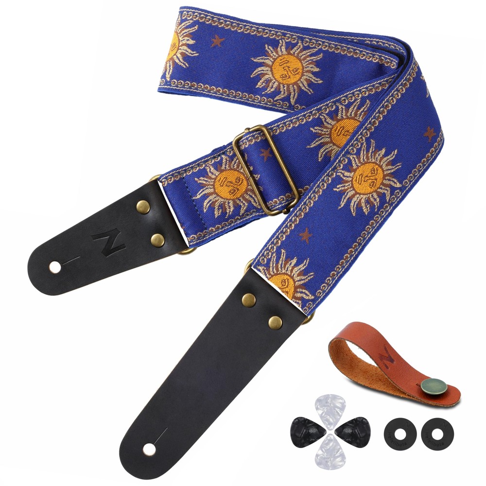 Guitar Strap, Sun Embroidered Cotton Guitar Strap with Head Cowhide Leather E...