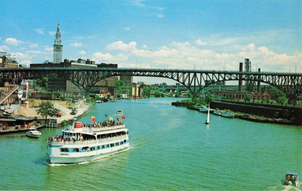 Goodtime II Boat Cruising Down Cuyahoga River - Cleveland Ohio OH - Postcard