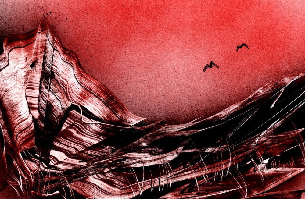 Painting of a Pink and Red Sky Landscape by Jason Girard comes with matte board
