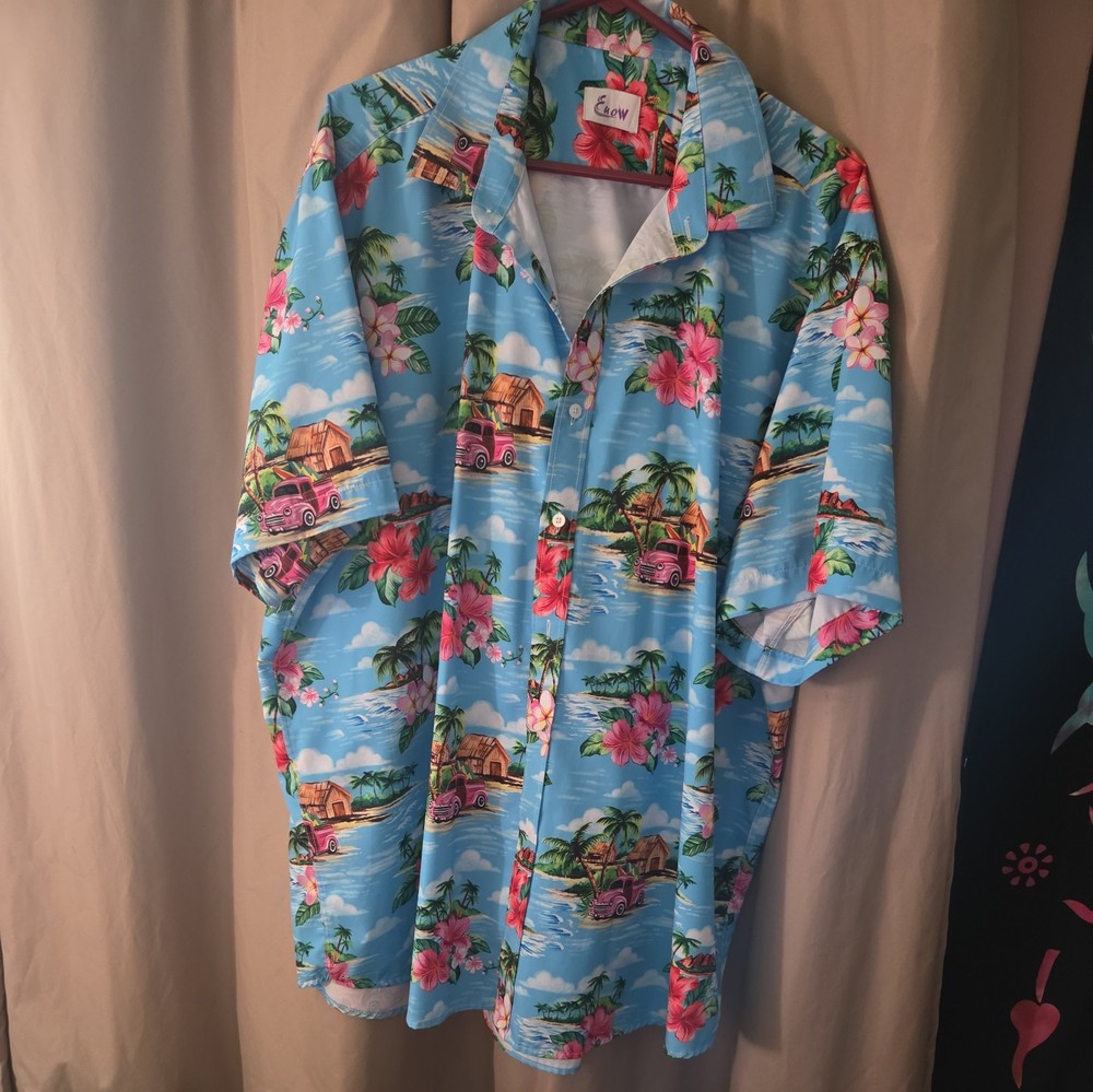 Men’s Blue Hawaiian Shirt (3XL) With Truck & Tropical Pattern /