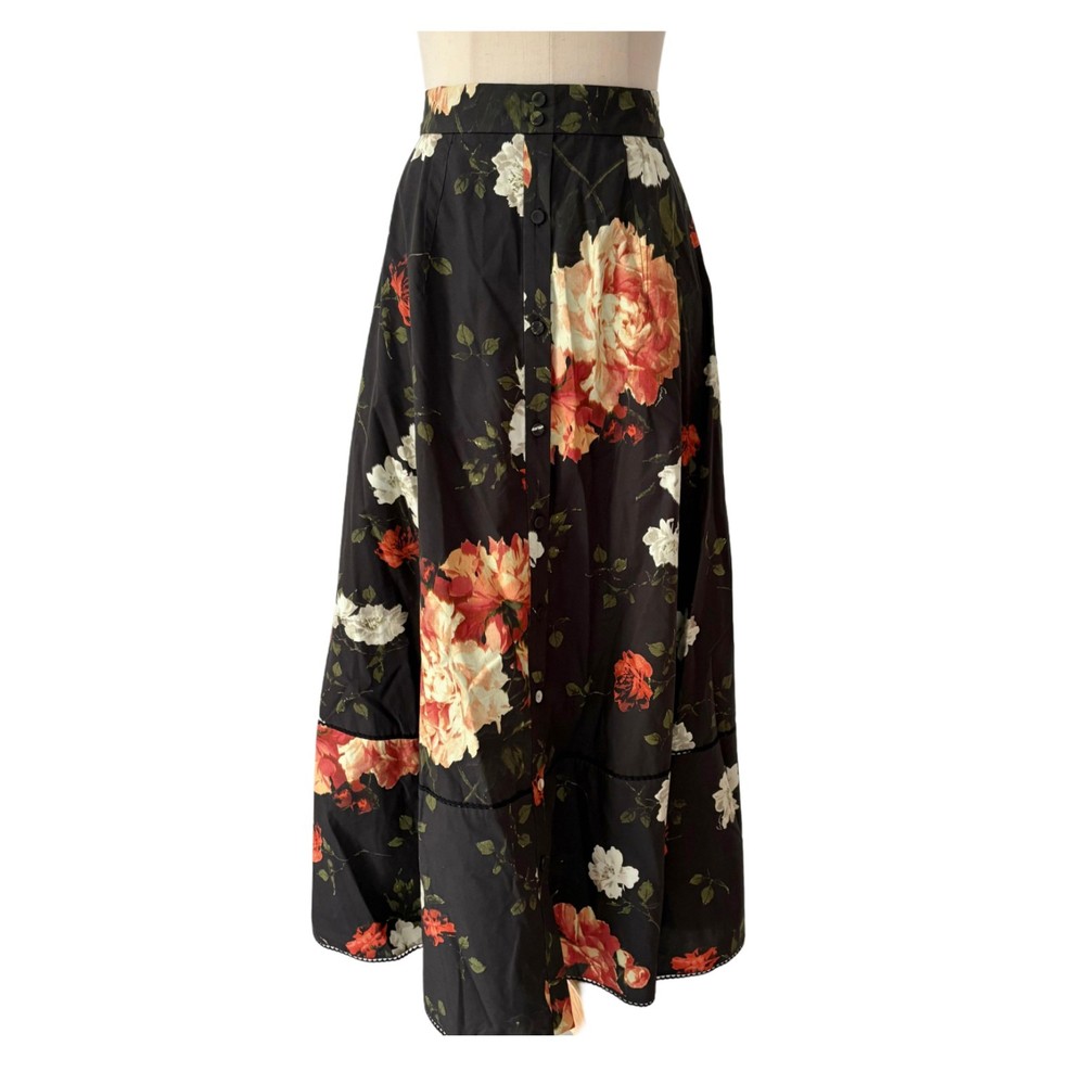 Erdem Black Cotton With Multicolor Rose Print Maxi Skirt