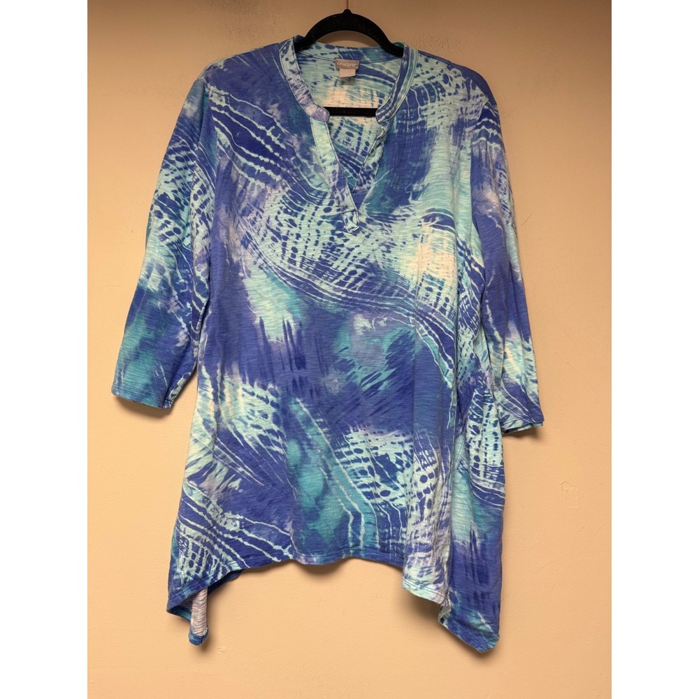 Chico's Blue Abstract Tie Dye Sharkbite Tunic Top Size 3 XL 3/4 Sleeve 8326