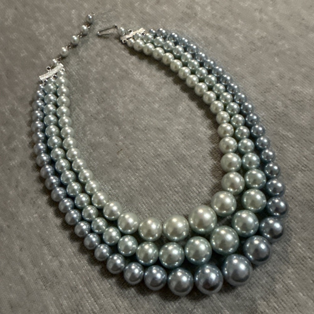 Vintage Japan Blue Faux Pearl Ombre Graduated 3 Strand Statement Necklace
