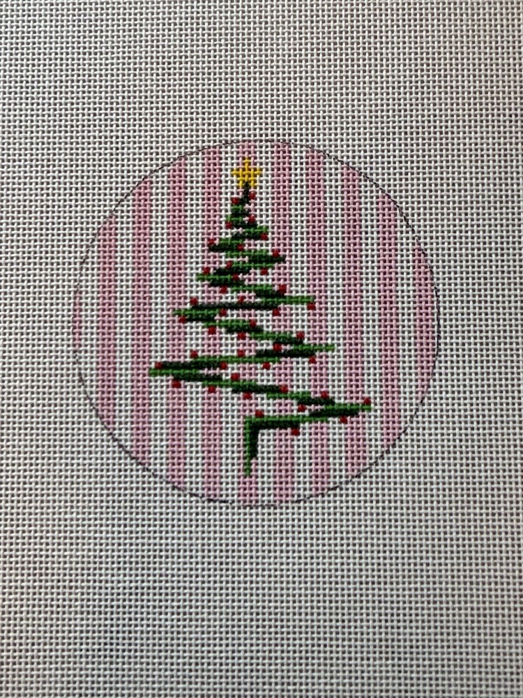 Handpainted Needlepoint Canvas Christmas Tree on Pink Stripe Round Ornament 18m