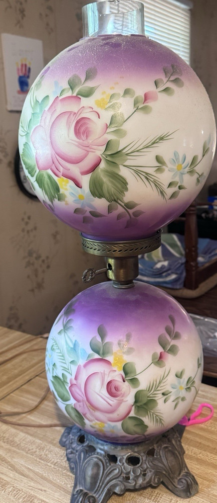 Vintage Hand-Painted Floral Hurricane Lamp w/ Glass Globe Shade Purple Roses