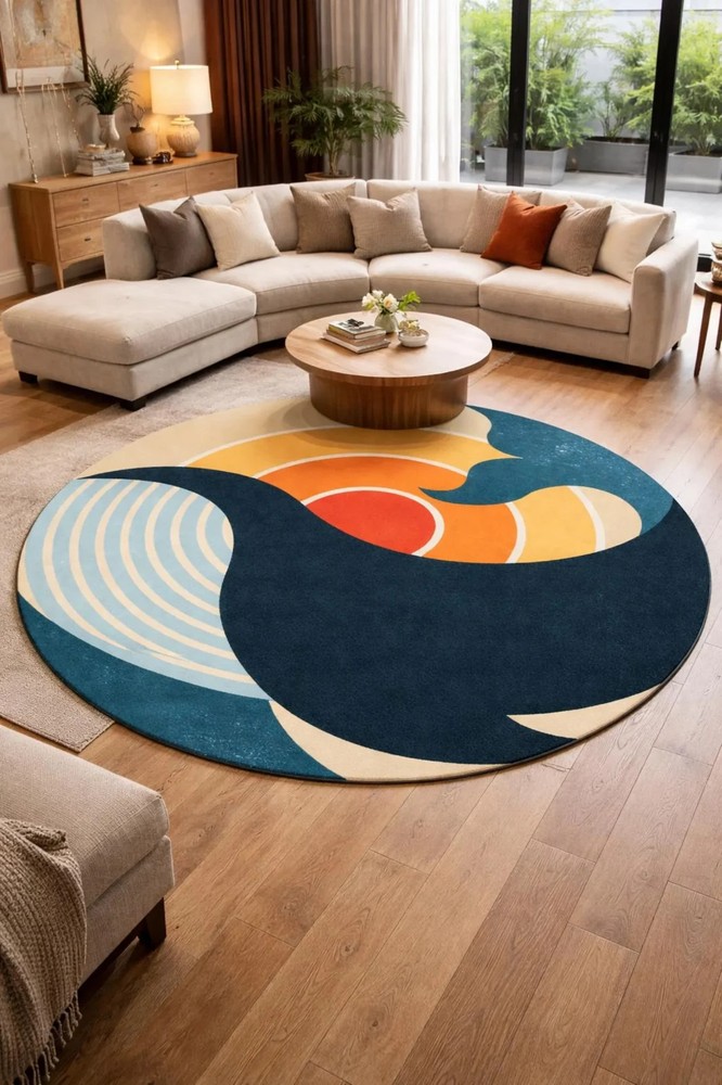 Modern Abstract Wave Round 100%Wool Hand Tufted Rug Luxury Designer Area Carpet