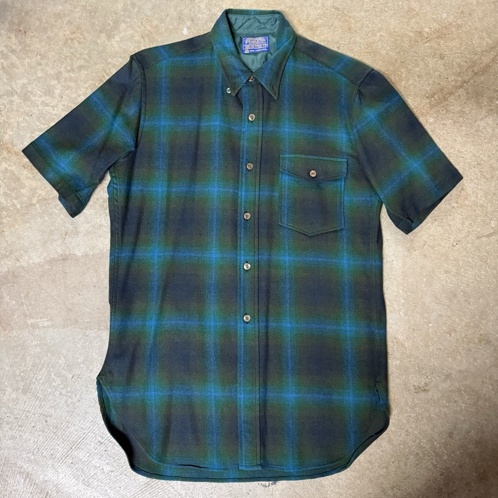 Vtg Pendleton Shirt Mens Medium Blue Plaid Wool Flannel Short Sleeve Button Up