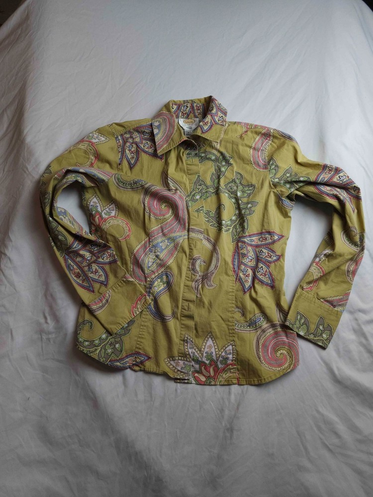 Talbots Shirt Womens Small Green Paisley Stretch Button Up Long Sleeve Collared