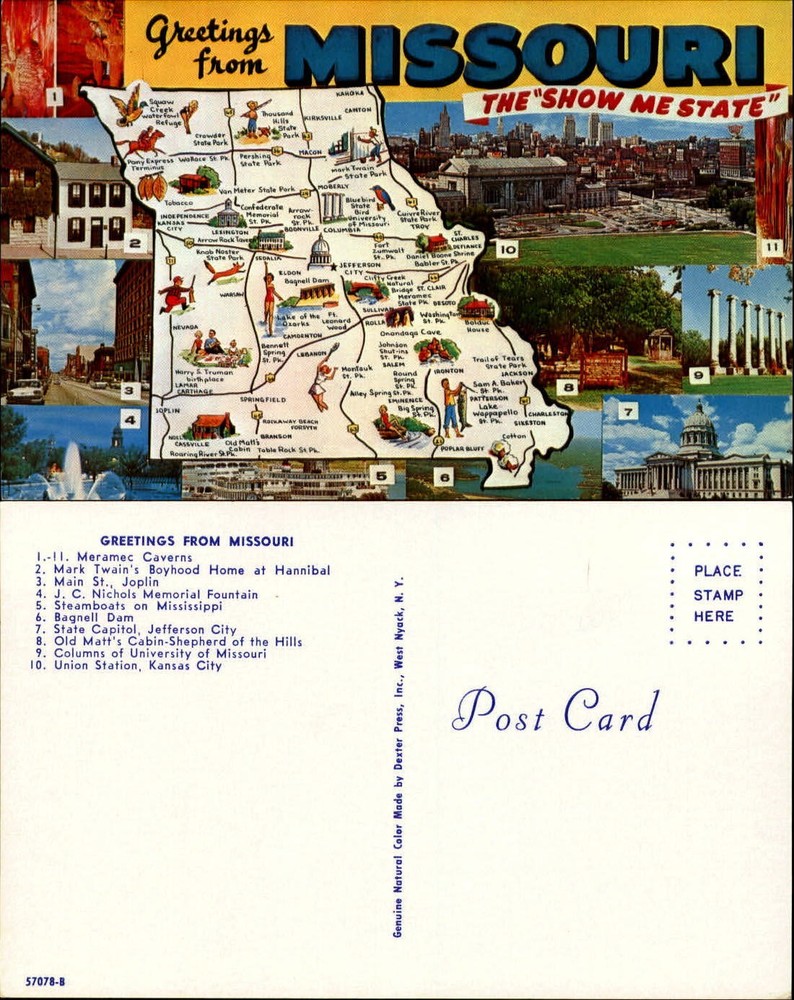 Greetings from Missouri The Show Me State map postcard chrome unused