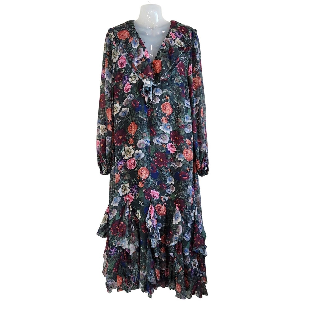 & Other Stories Long Sleeve Floral Print Ruffle Hem Midi Dress Multicolor Sz 38