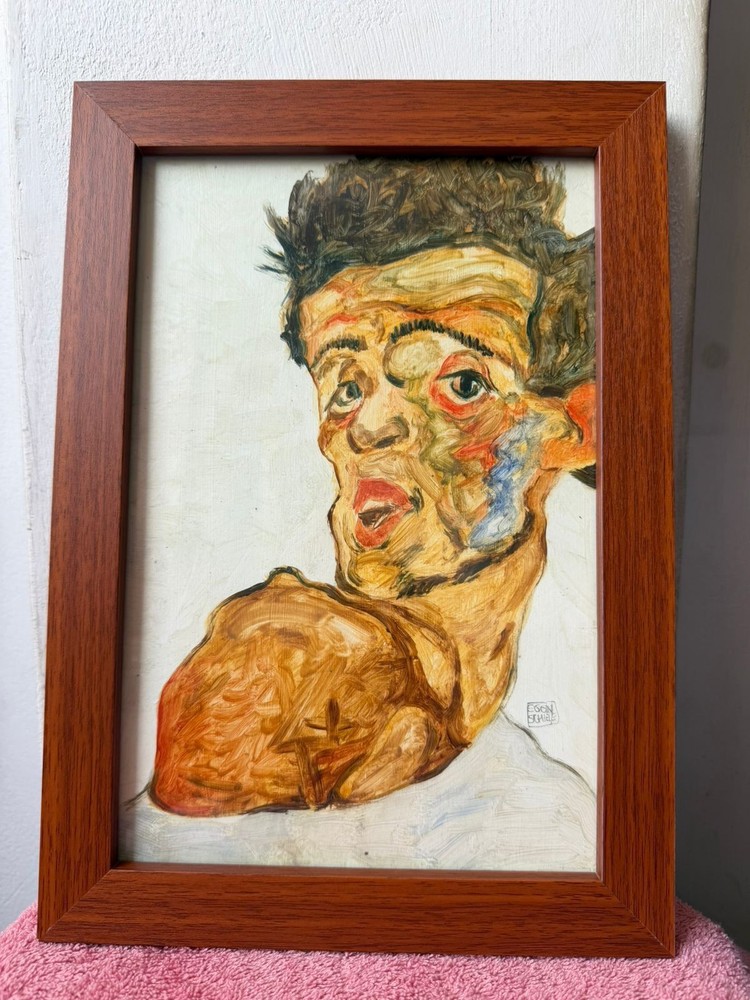 egon schiele , framed oil painting on wood, sealed and signed.