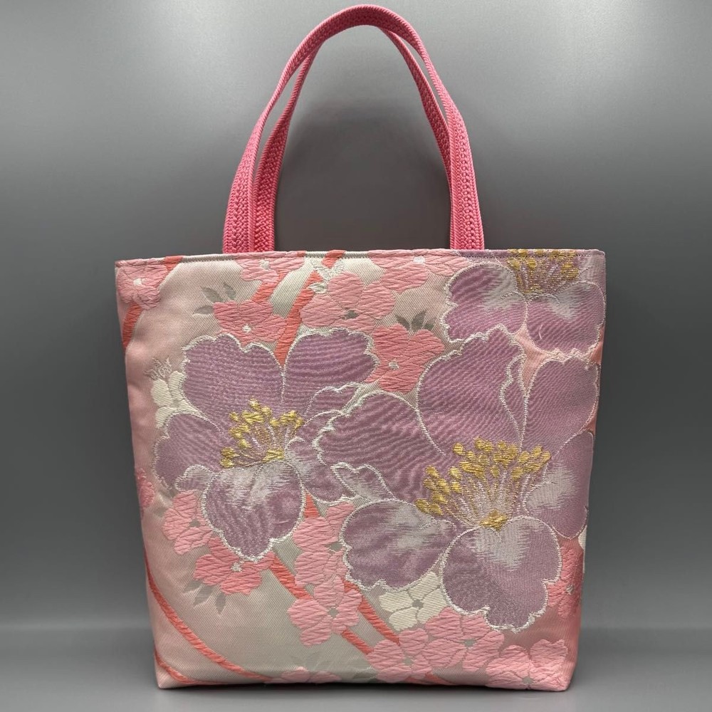 Japanese Silk Kimono Obi Tote Bag Handmade Pink Kinran with Gold Embroidery