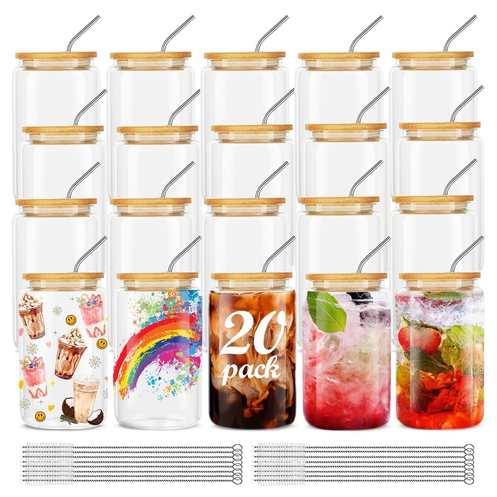 20Pcs Glass Cups With Lids and Straws,16Oz Ice Coffee Cup,Drinking Glasses Cu...