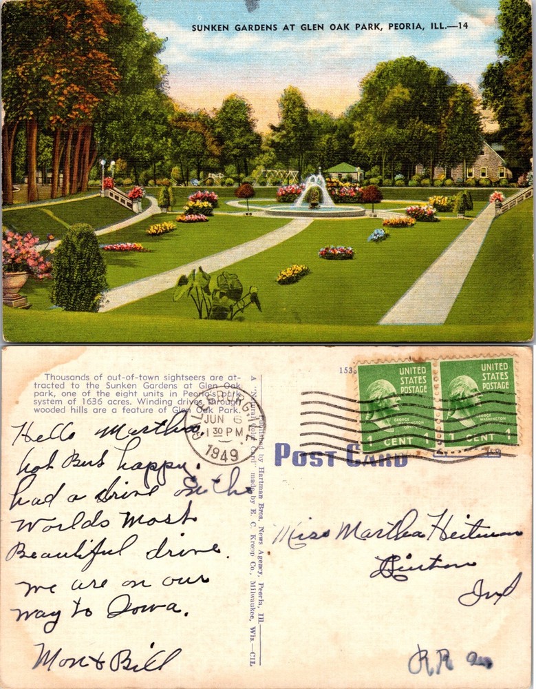 Sunken Gardens Glen Oak Park Peoria Illinois IL Postcard