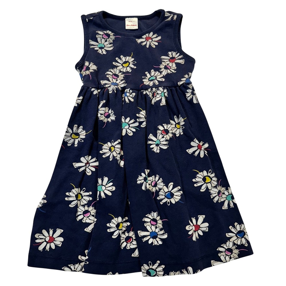 Hanna Andersson Daisy Floral Dress Kids 5 Navy Blue Organic Cotton Skater Pocket