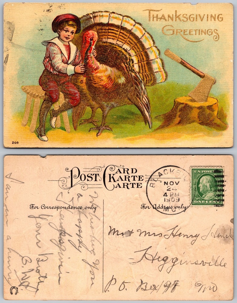 Thanksgiving Greetings Boy Turkey Axe Stump Postcard