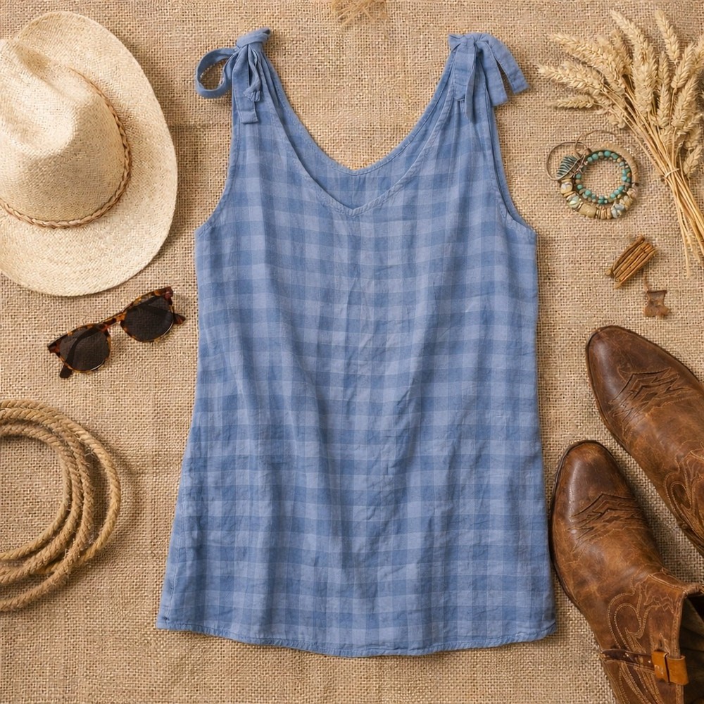 Blue Gingham Plaid Blouse Tie Shoulders Tank Top Women's Size M Jane & Delancey
