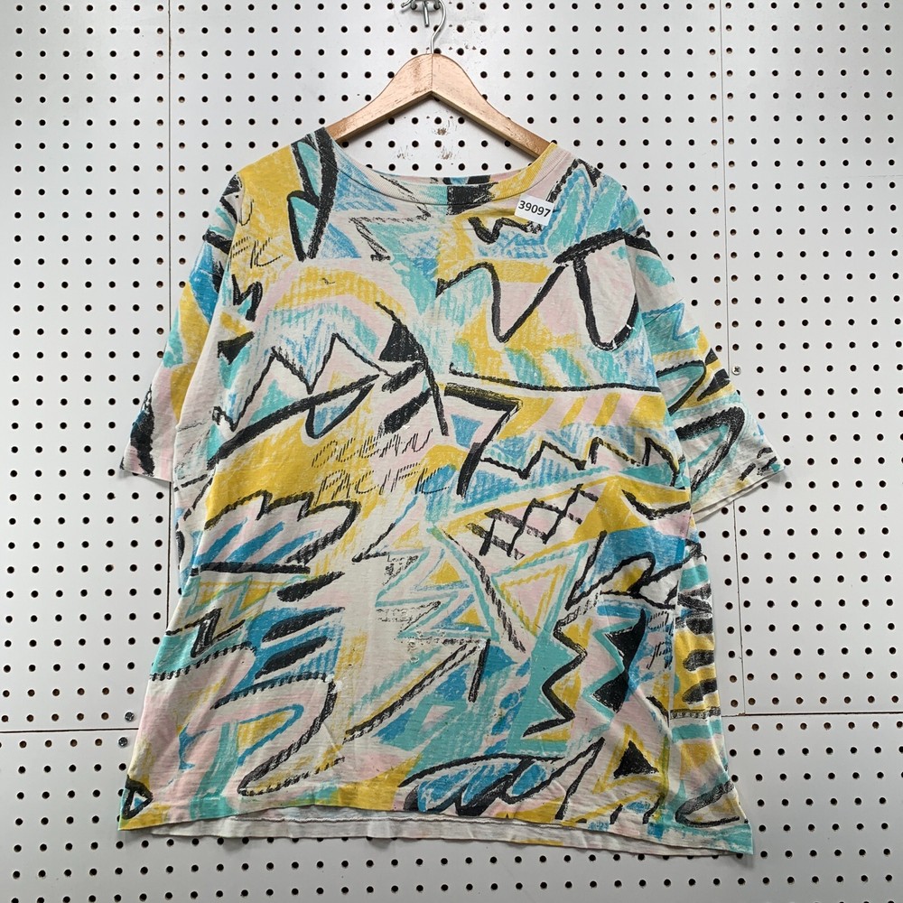 VTG 80s Ocean Pacific AOP Shirt Mens XL Abstract Art Graffiti Made USA 24x27.5-image