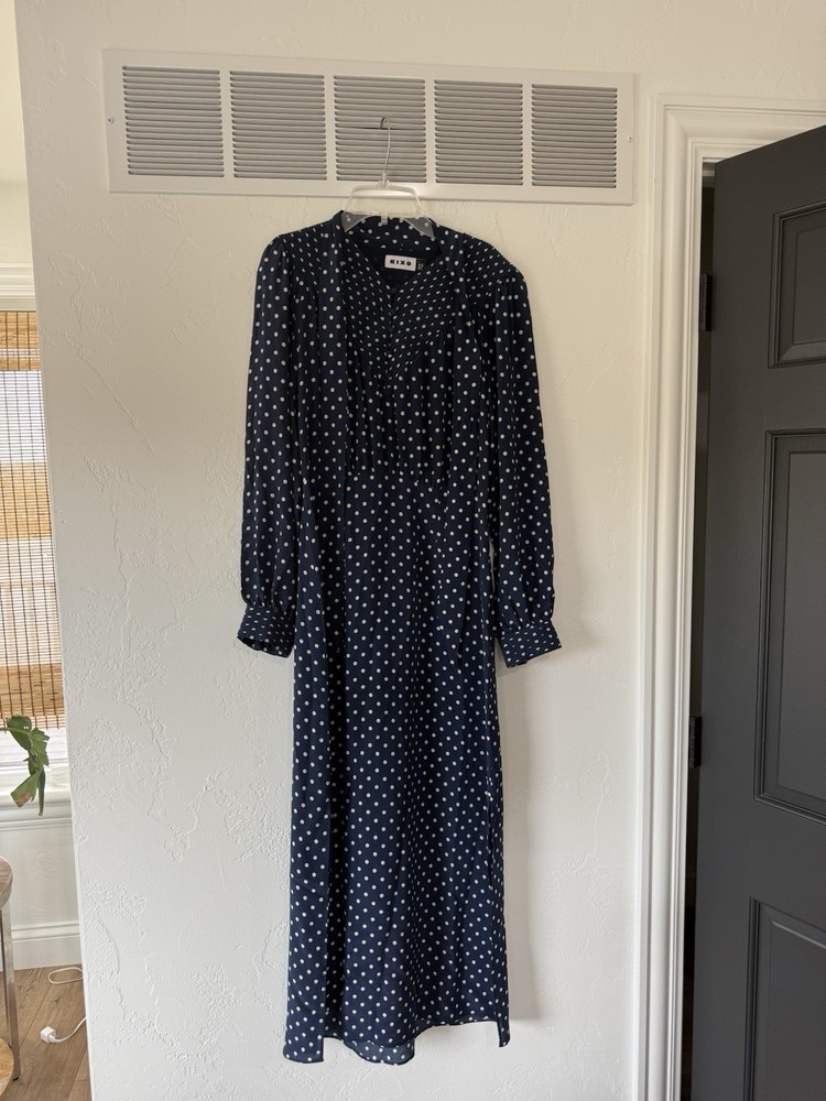 Rixo Silk Long Sleeve Midi Dress Women's Size 6 - Navy Polka Dot