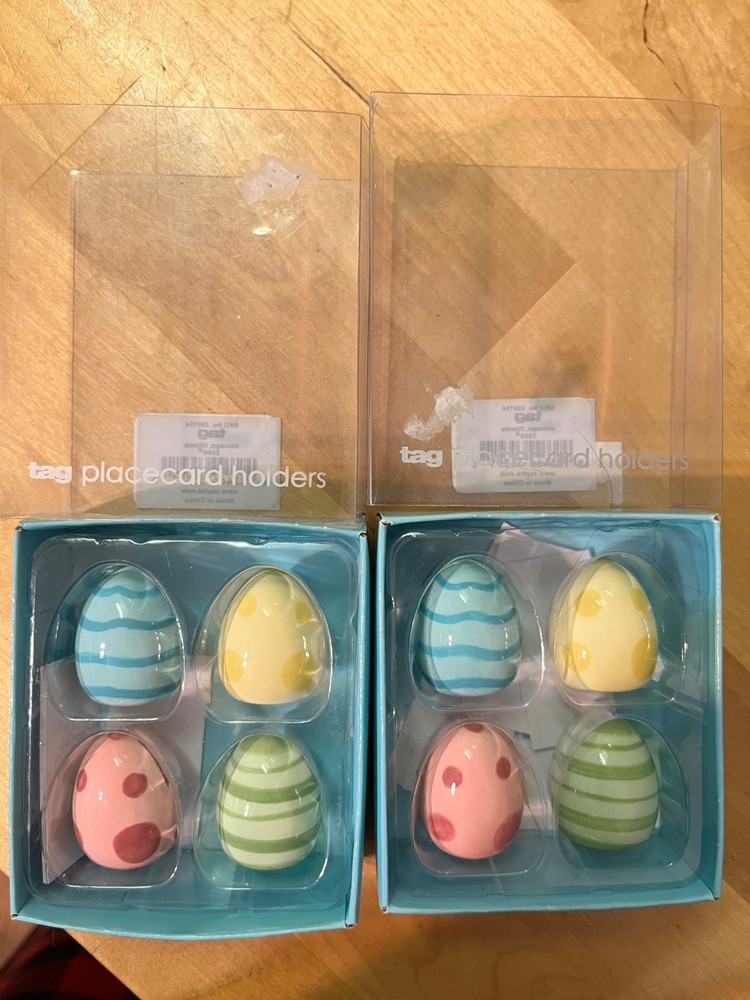 TAG Glass Spring Easter Egg Place Card Holders 2 Sets of 4 New in Box w/ cards