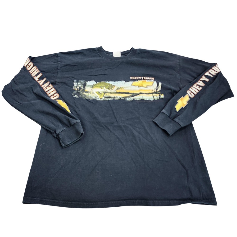Gildan Shirt Mens XL Black Chevy Trucks Fish Graphic Tee Long Sleeve Outdoor
