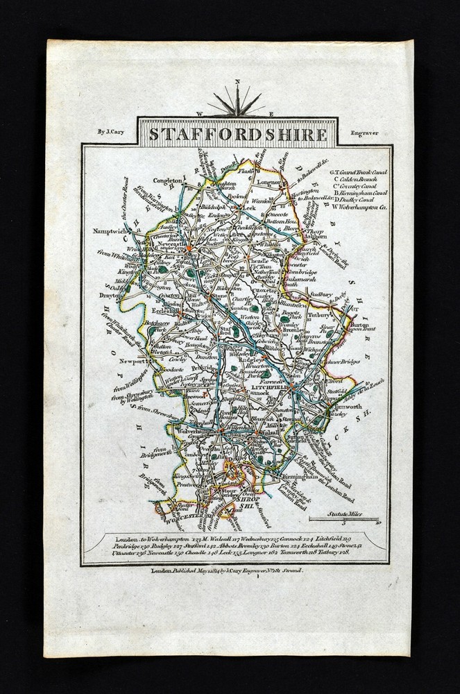 1814 John Cary Road Map Staffordshire Birmingham Lichfield Newcastle England