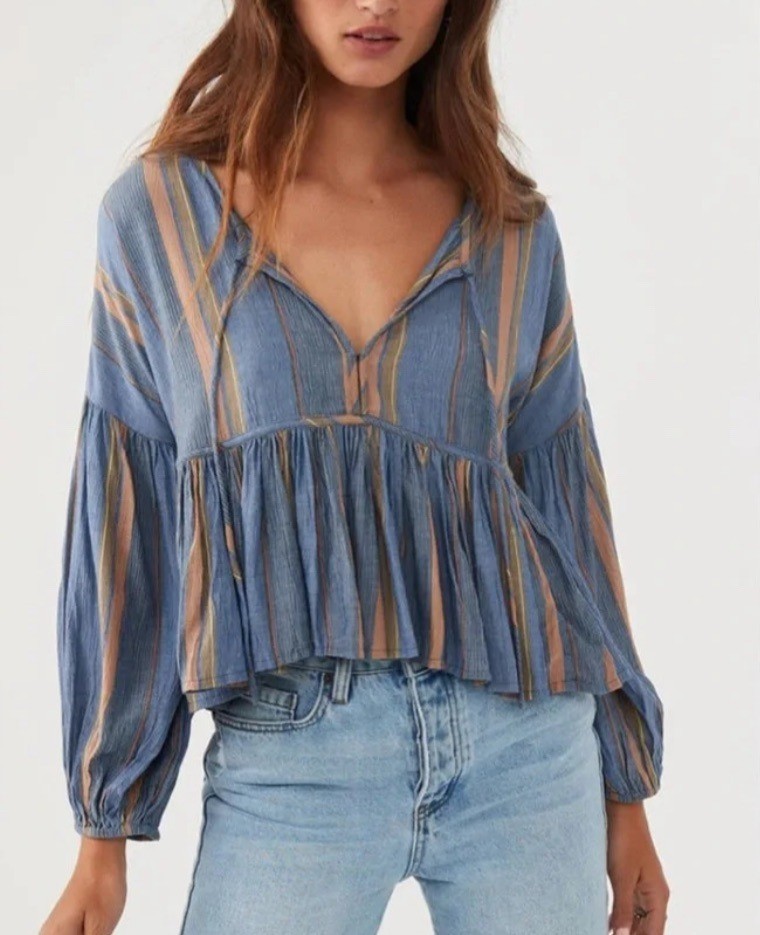 O’NEILL Rosie Top Sz S Navy Blue Striped Front Tie Balloon Sleeve Ruffle Viscose