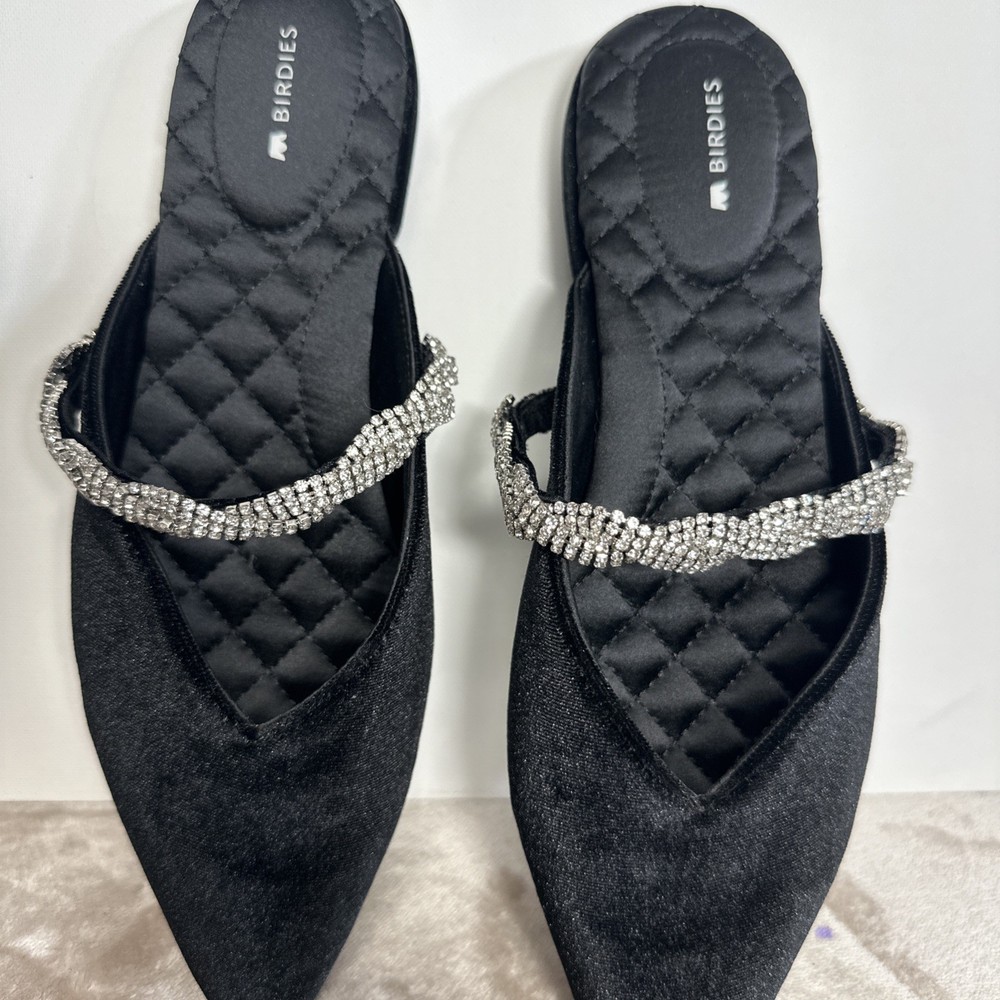 Birdies Size 8.5 Black Velvet Rhinestone Braid Flat Almond Toe Swan Mules