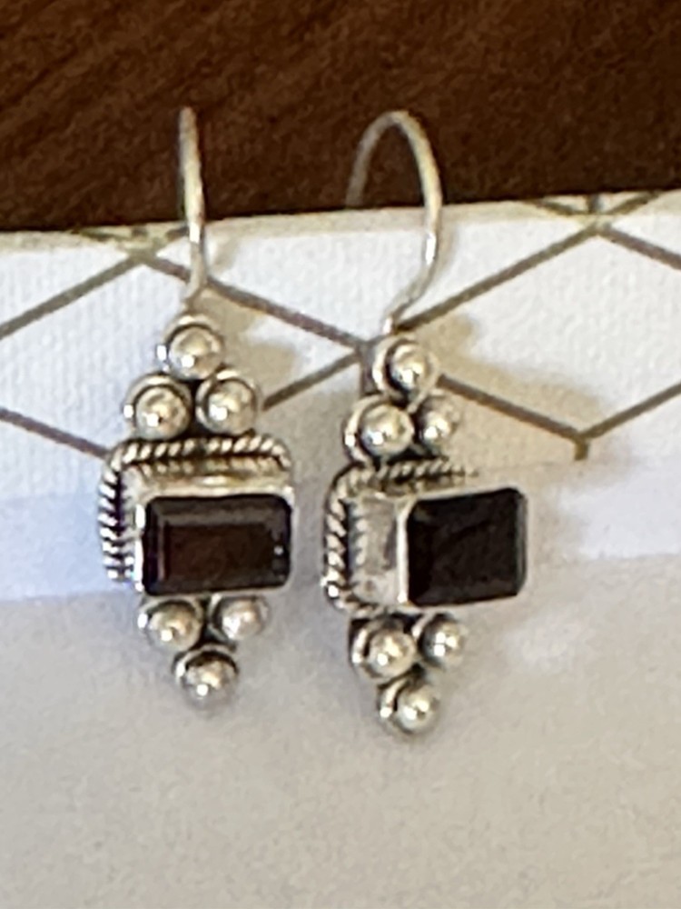 Vintage Red Garnet And Sterling Silver Hook Drop Dainty Earrings
