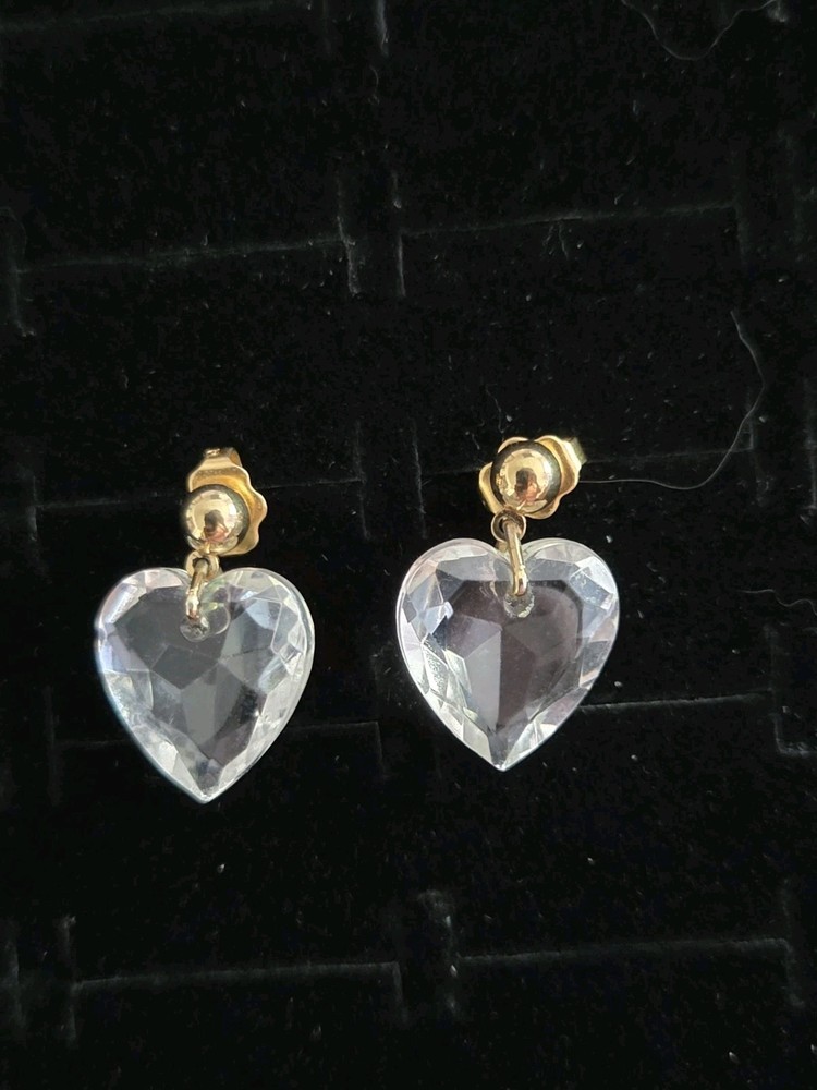 Vintage AVON Earrings Holiday Crystal Hearts Gold Tone Stud Dangles