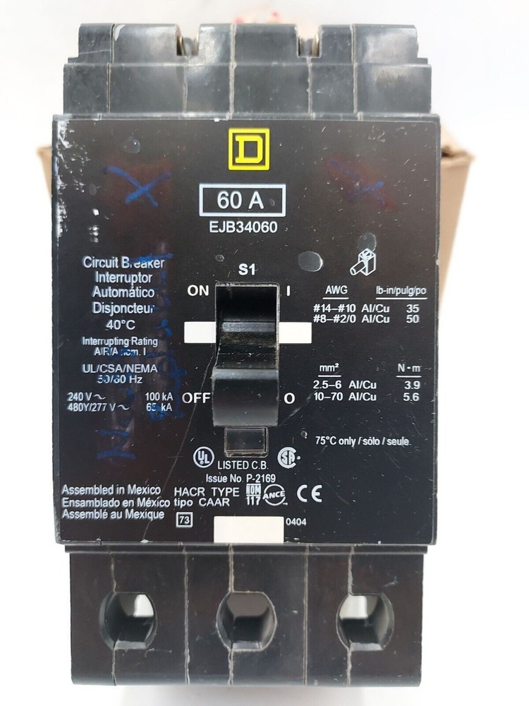 SQUARE D EJB34060 Bolt On Circuit Breaker 60A 3P 480/277V 60 Amp Used