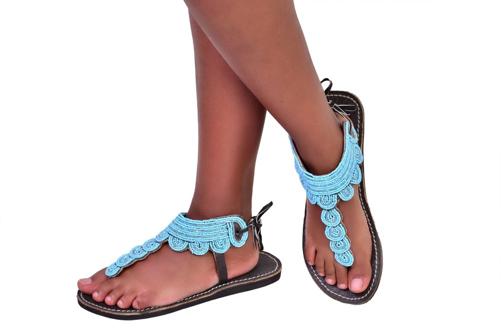 Beaded Women African Gladiator Sandals Bohemian Summer Leather Masai Kenyan Blue